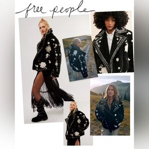 NWT FREE PEOPLE Maya Sherpa Jacket Large Black White Embroidered
